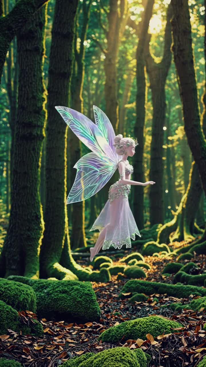 A magical fairy with iridescent wings hovers in a sunlit forest