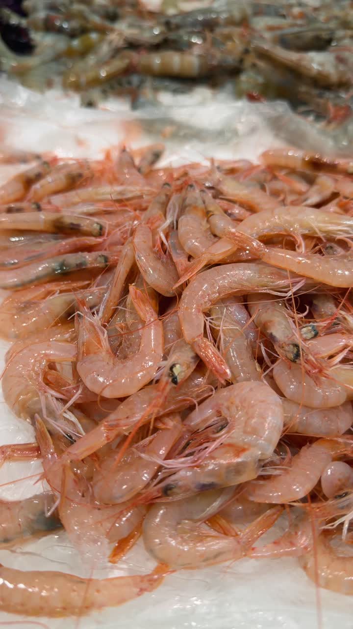 Fresh Raw Shrimp on Ice at a Seafood Market
