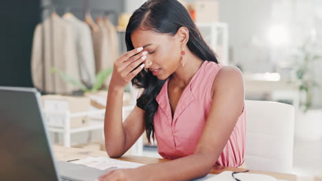 laptop, fashion designer and woman with headache