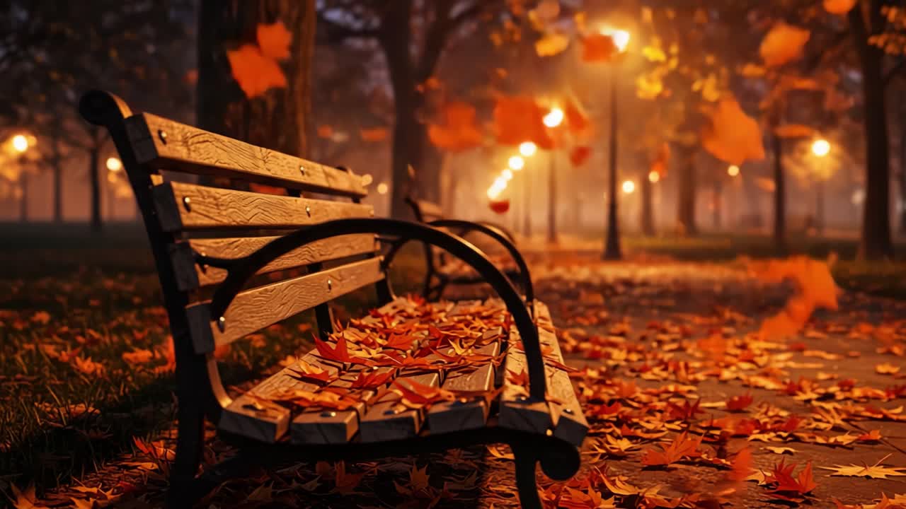 A serene evening in a tranquil park setting featuring a wooden bench surrounded by vibrant autumn leaves under the soft glow of street lamps creating a peaceful atmosphere
