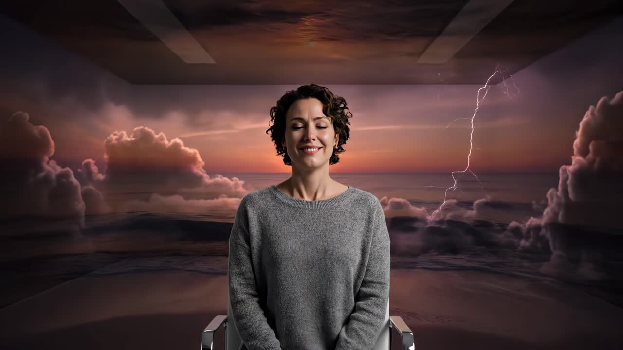 Woman in studio with storm and peaceful beach background