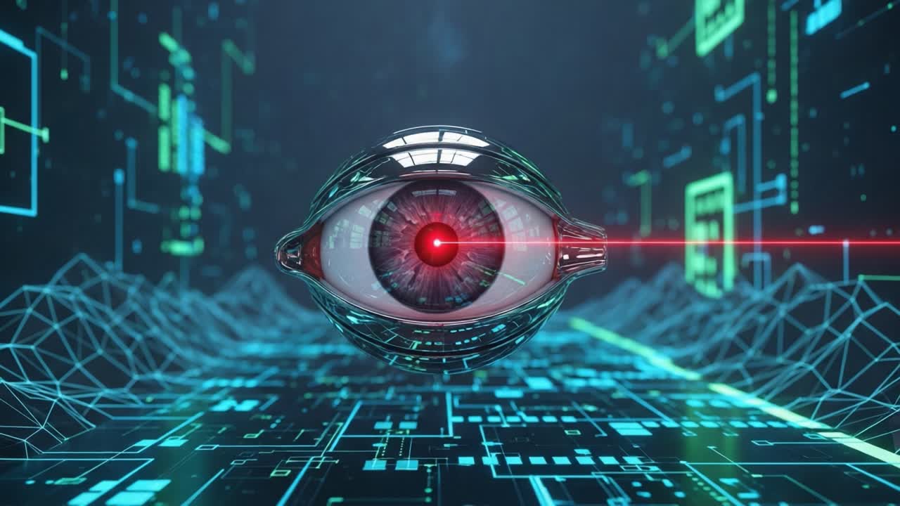 Futuristic AI Eye with Laser Focused Beam Illuminating Cyber Landscape, Merging Technology with Surveillance in a Digital Universe