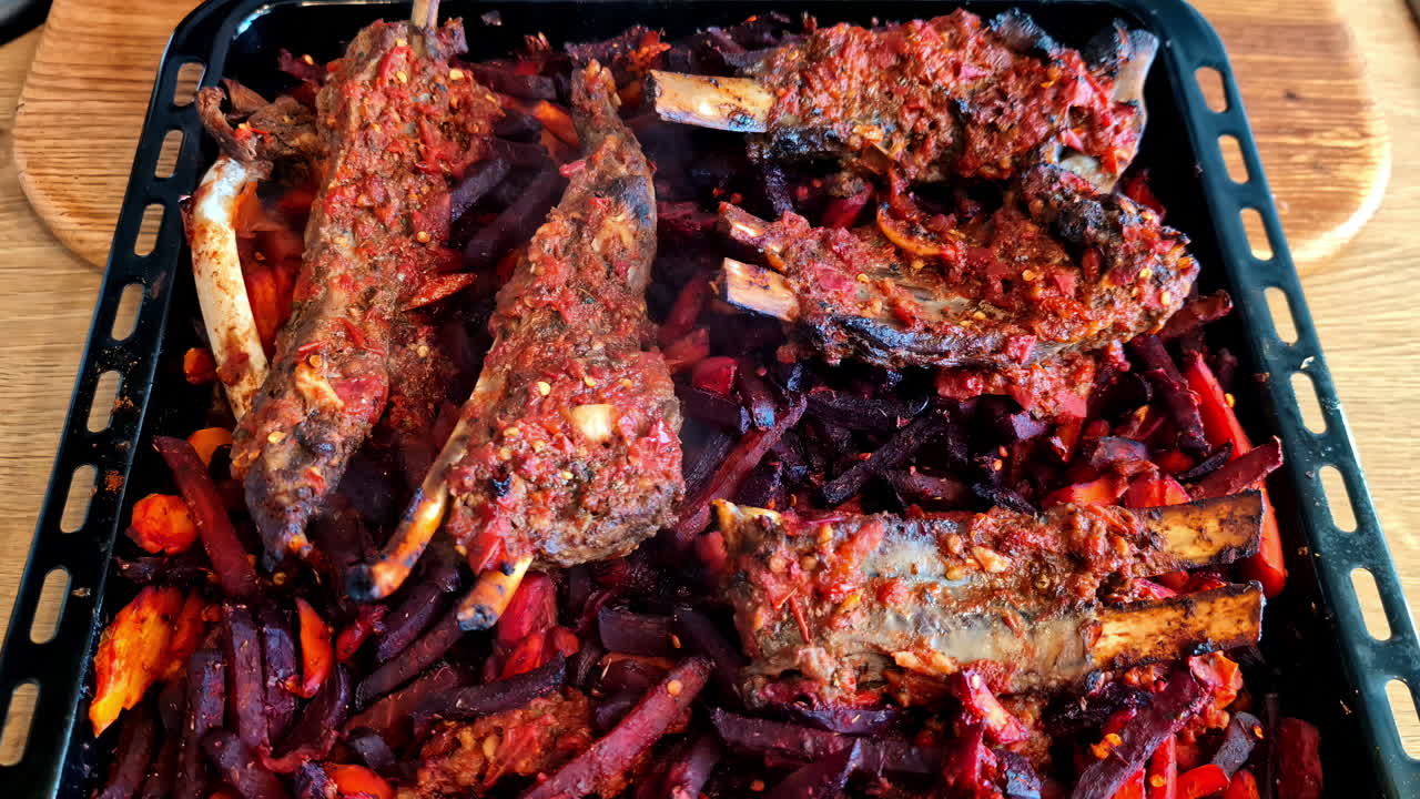 Tender ribs and colorful vegetables, freshly baked on tray. Homemade goodness