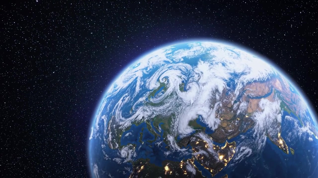 日の出と共に回転し、星空の宇宙へと移り変わる地球