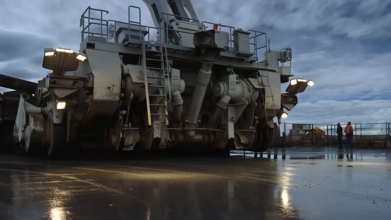 Massive Industrial Machine and Workers on Wet Ground