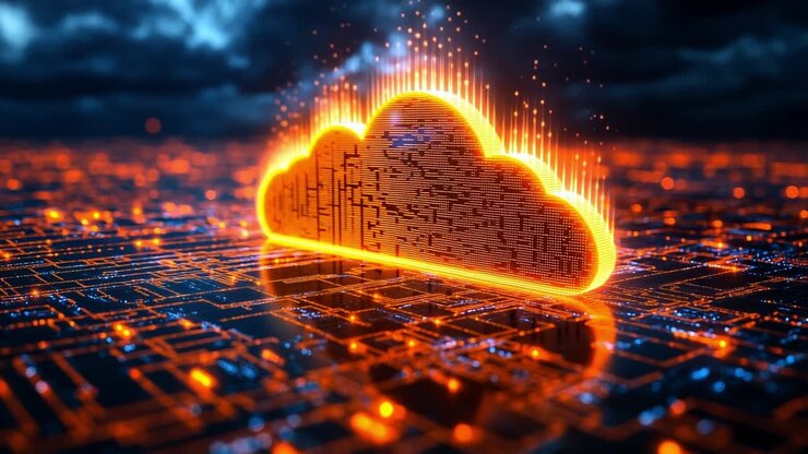 Glowing digital cloud tech. A vibrant orange cloud symbol emerges from a network of digital circuits, showcasing modern technology in action.