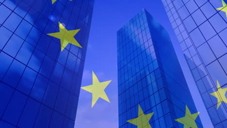 animation of flag of european union over office buildings in city