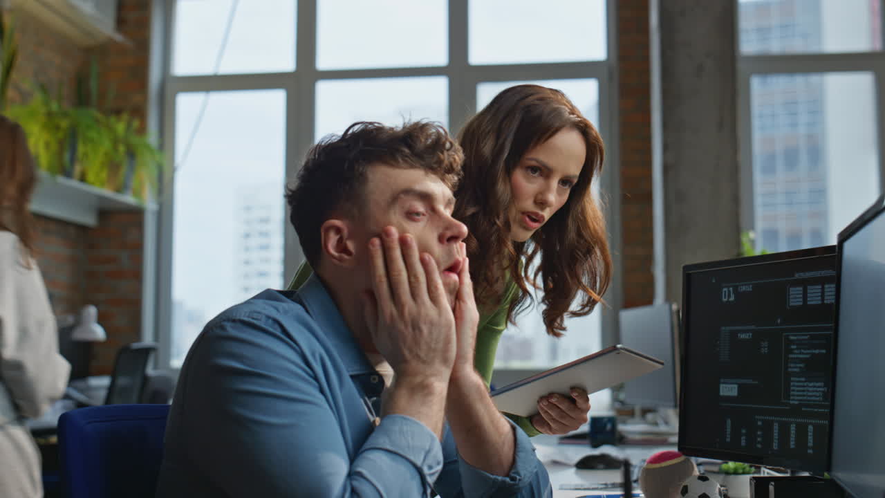 Worried people working office closeup. Disappointed colleagues business fail