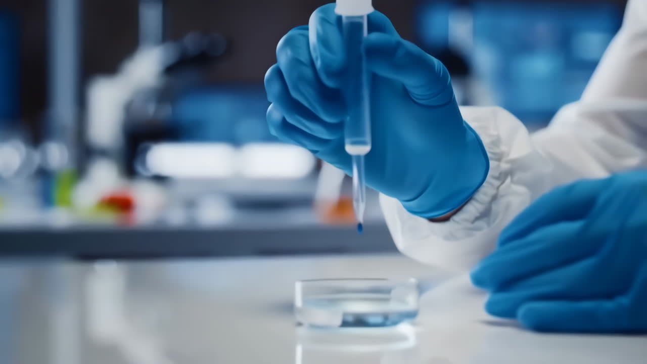 Scientist's Hands Performing an Experiment with a Pipette in a Laboratory