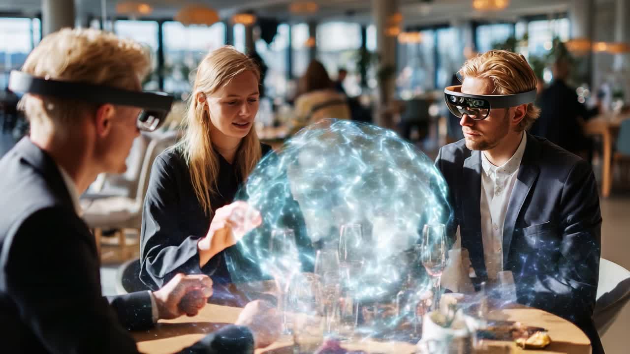 A group of friends in a modern restaurant interacts with holographic technology, exploring immersive digital experiences, blending reality and virtual elements in an engaging social atmosphere
