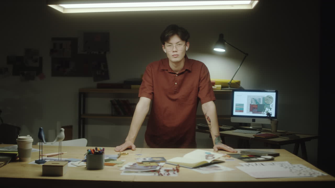 Young man standing at a cluttered desk in a creative workspace
