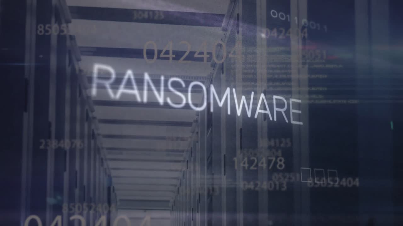 Animation of ransomware text and numbers with electronic circuit board pattern over server room