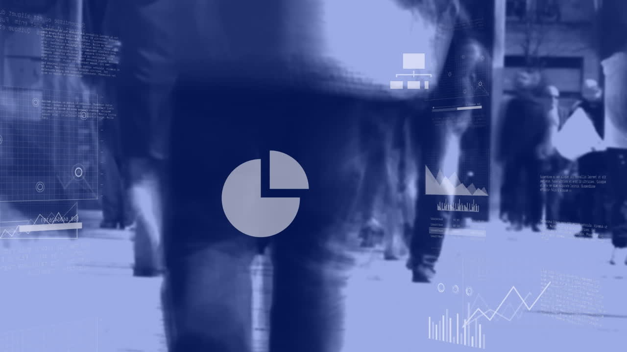 Animazione di elaborazione dati statistici su un time-lapse di persone che camminano per strada