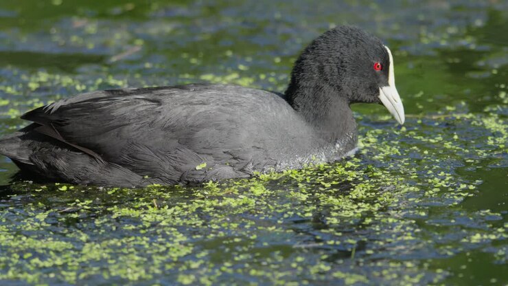 Primo piano di una folaga australiana che si nutre di piante acquatiche