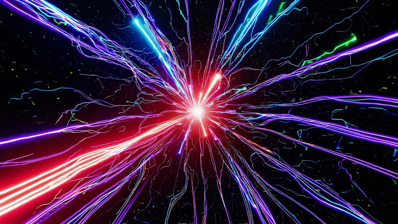 Luminous energy radiating dynamically from central point, generating expansive cosmic streaks against deep black void with vibrant light particles dispersing across frame