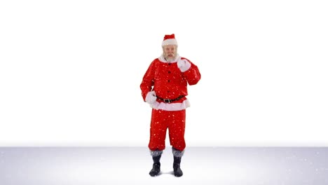 Digital-composition-of-snow-falling-over-santa-claus-dancing-against-grey-background