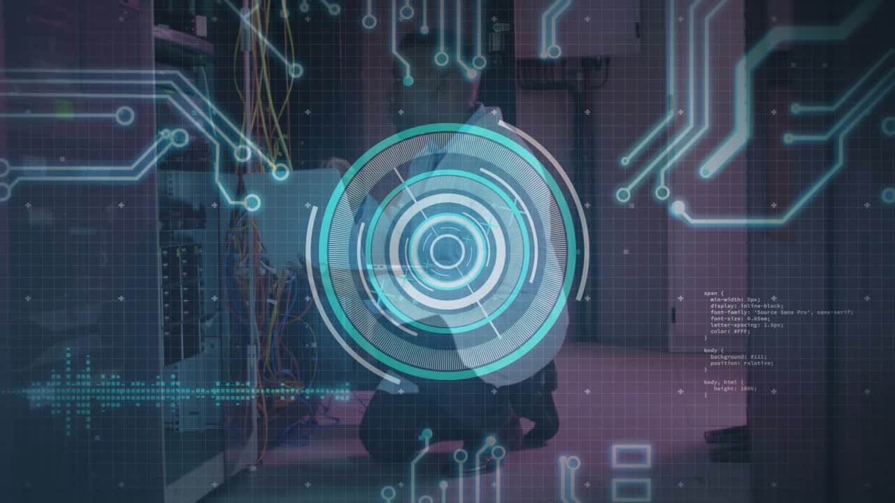 IT technician kneeling at server rack tracing cables, activating overlays confirming connection