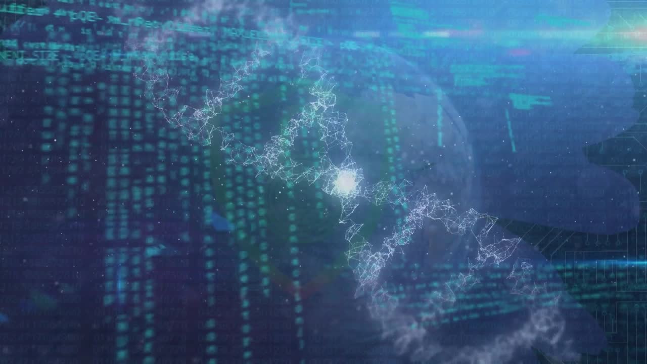 Animation of data processing over digital padlock and digital blue background