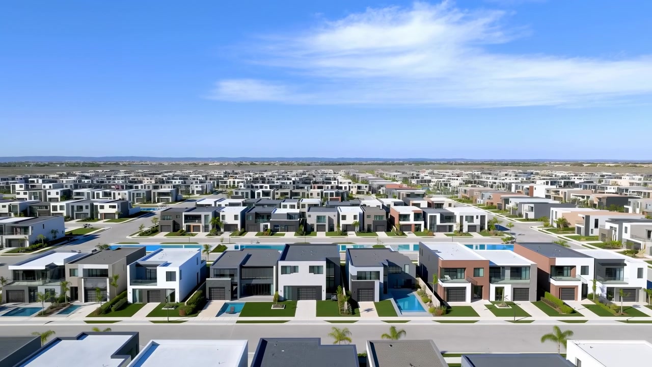 Amplia vista aérea elevada que muestra casas contemporáneas repetidas en filas ordenadas a través de un paisaje suburbano plano, con piscinas privadas, entradas de vehículos, palmeras, cielo despejado y fuerte luz solar, en un entorno residencial