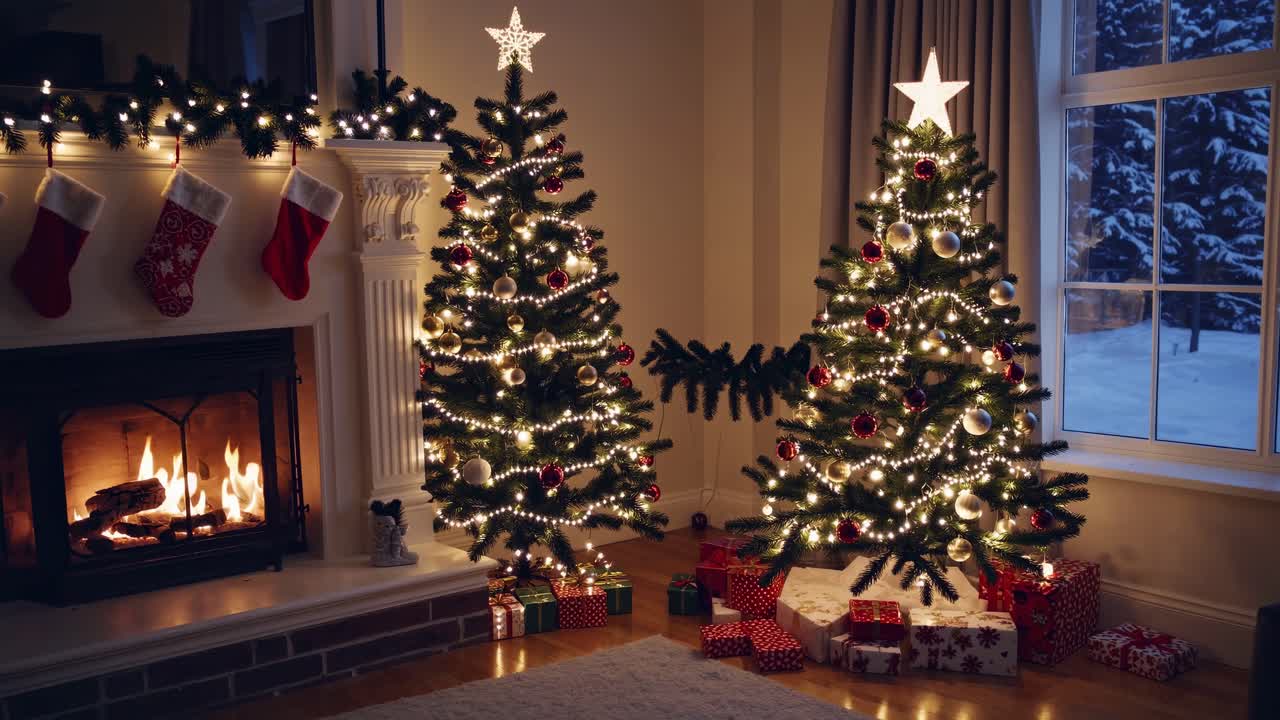 Cozy Christmas living room scene with two decorated trees by a fireplace