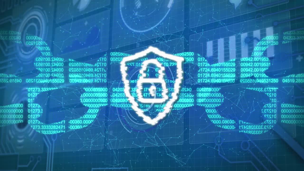 Animation of digital shield with padlock and block chain on blue background with diverse data