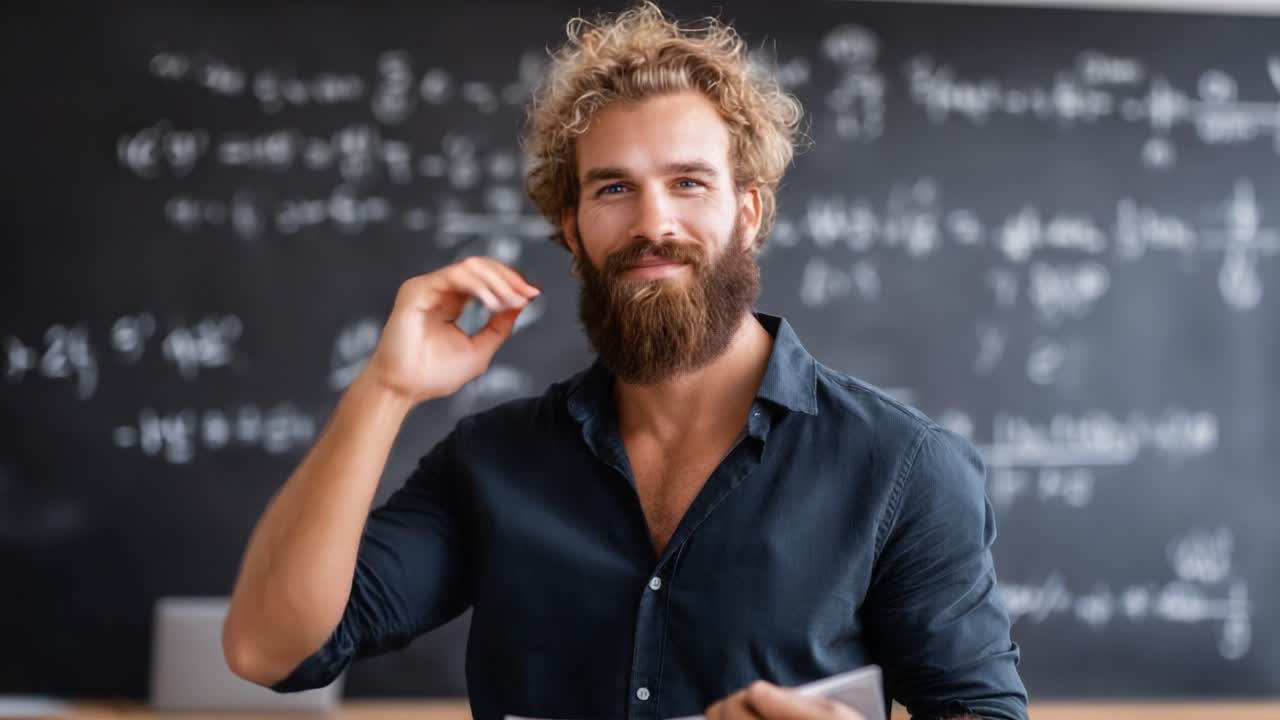 A confident male educator stands in front of a blackboard filled with complex equations, showcasing a friendly demeanor as he engages with his students through a smile