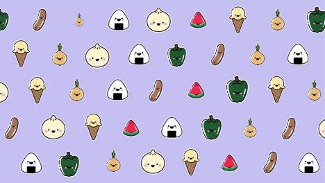 animación de diversos alimentos flotando sobre un fondo púrpura