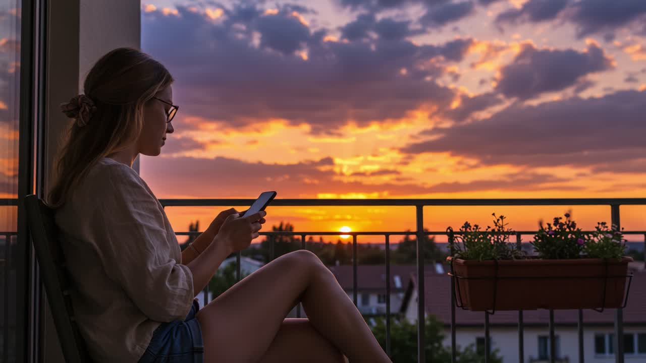 Una Serata Serena sul Balcone: Una Giovane Donna si Gode un Magnifico Tramonto Mentre è Assorta nel Suo Smartphone, Circondata dalla Bellezza della Natura e da Colori Vivaci