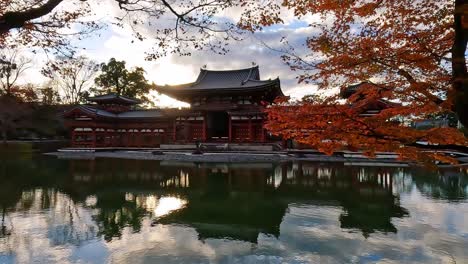 hermoso follaje de arce rojo de otoño frente al templo