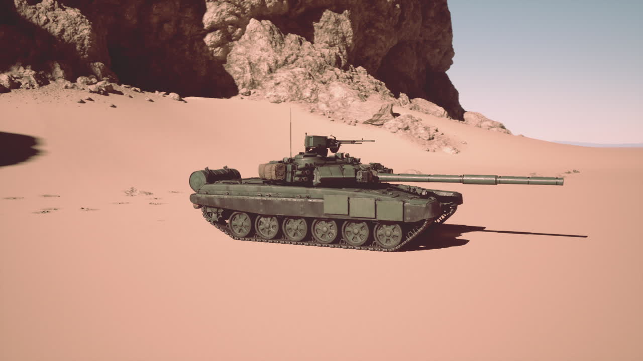 танк в пустыне с горами