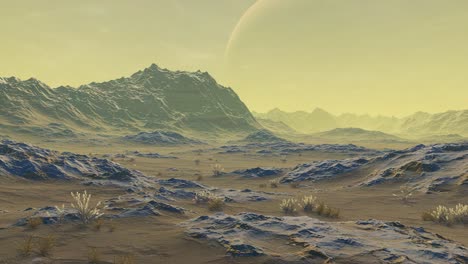 breathtaking alien landscape showcasing rugged mountains and vast deserts under a soft yellow sky with a distant planet on the horizon in a science fiction setting