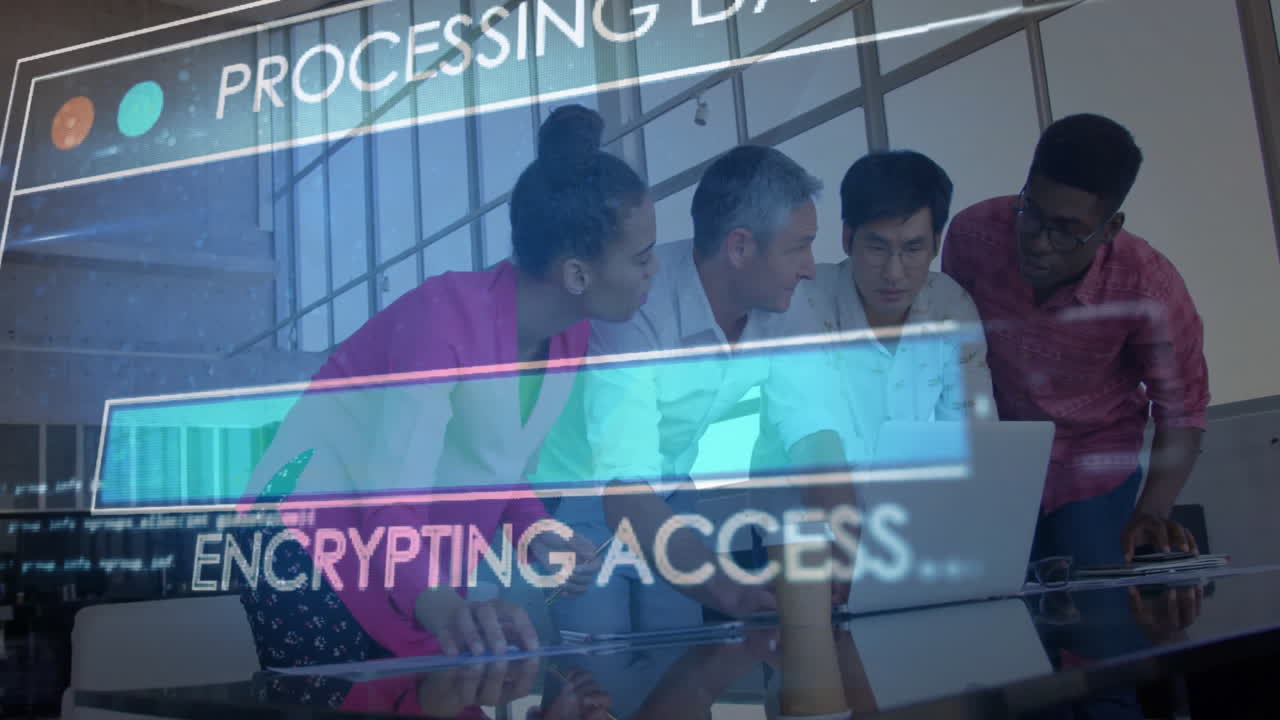 Animation of data processing over diverse colleagues talking in office