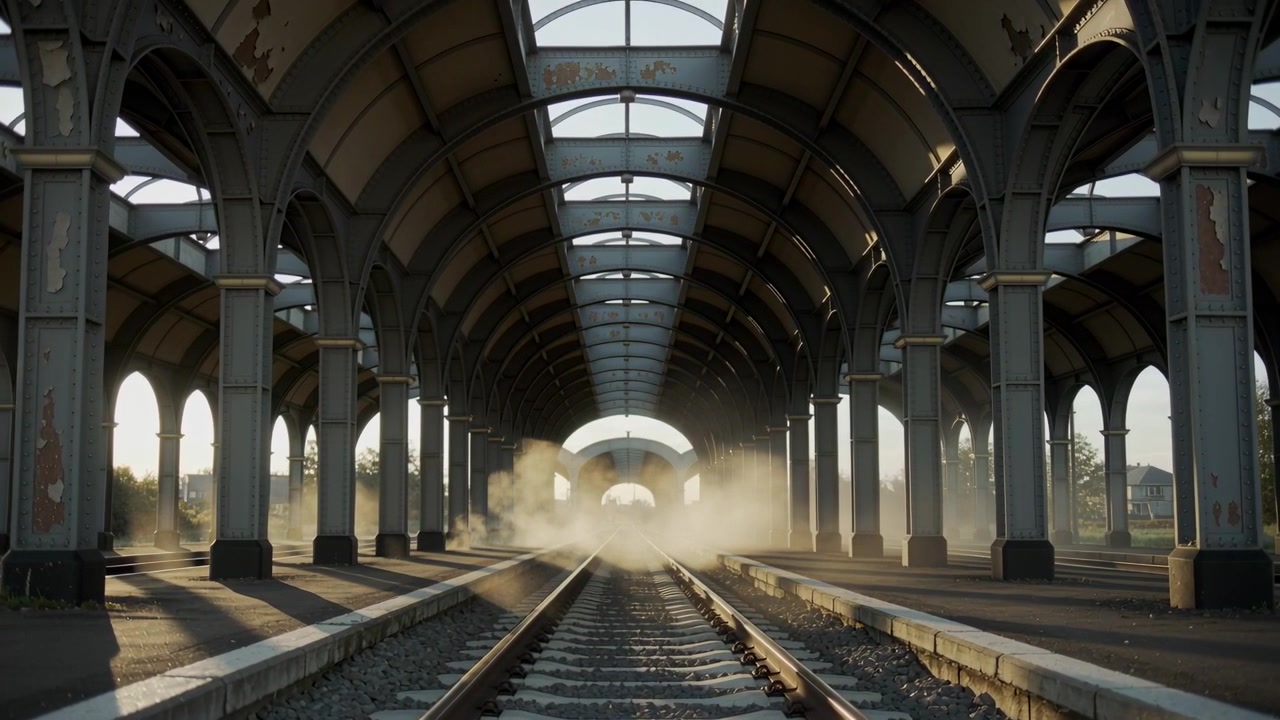 Rising dust plume after burst near arch, moving along tracks on platform, sunlight casting shadows