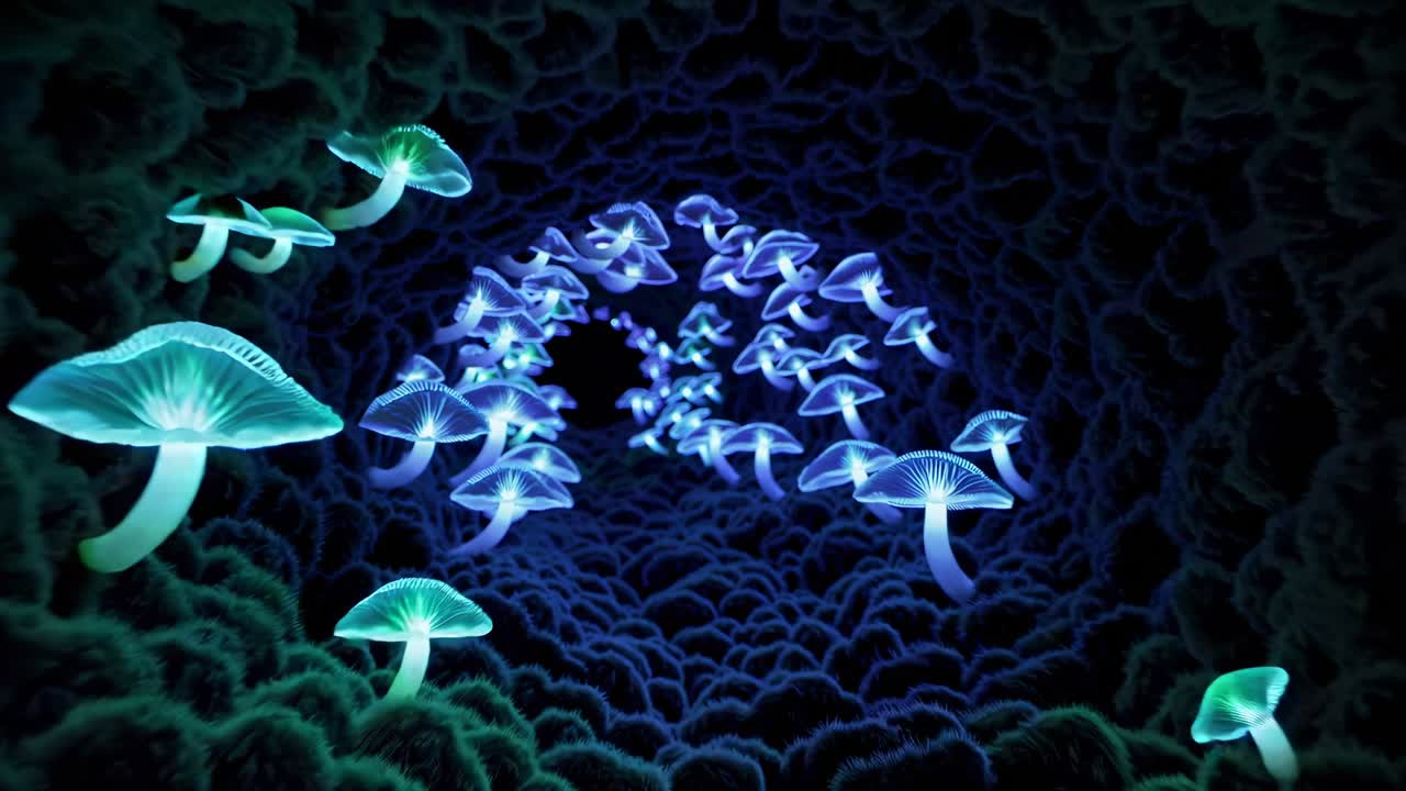 Funghi luminosi nel tunnel di una foresta oscura