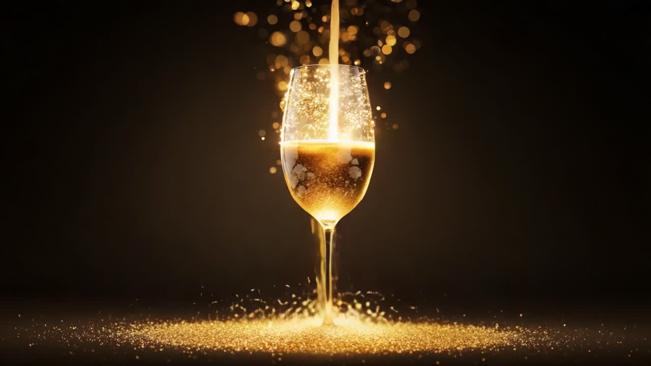 A Mesmerizing Glass of Sparkling Gold: Enchanting Visuals of Bubbles and Glitter Captured in a Sophisticated Glass, Creating an Aura of Celebration and Luxury in a Dark Background
