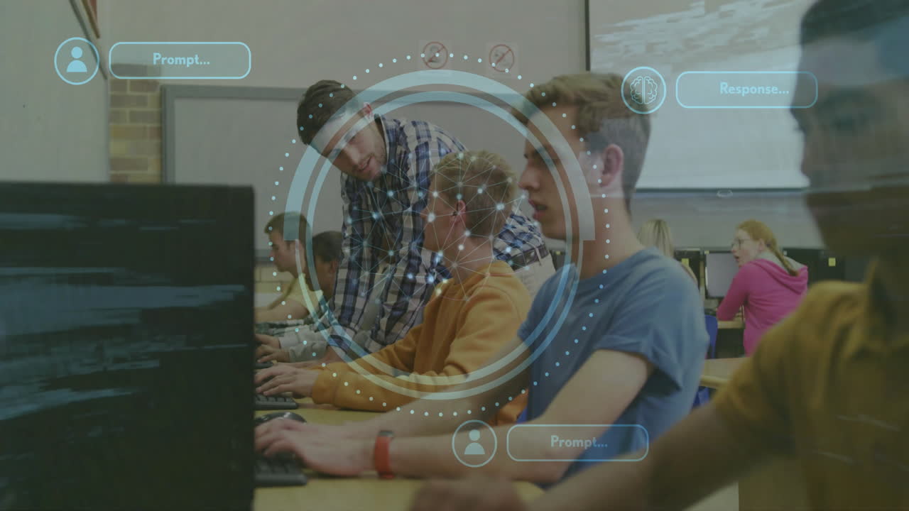 animación del procesamiento de datos y el cerebro digital sobre estudiantes diversos con el maestro usando computadoras