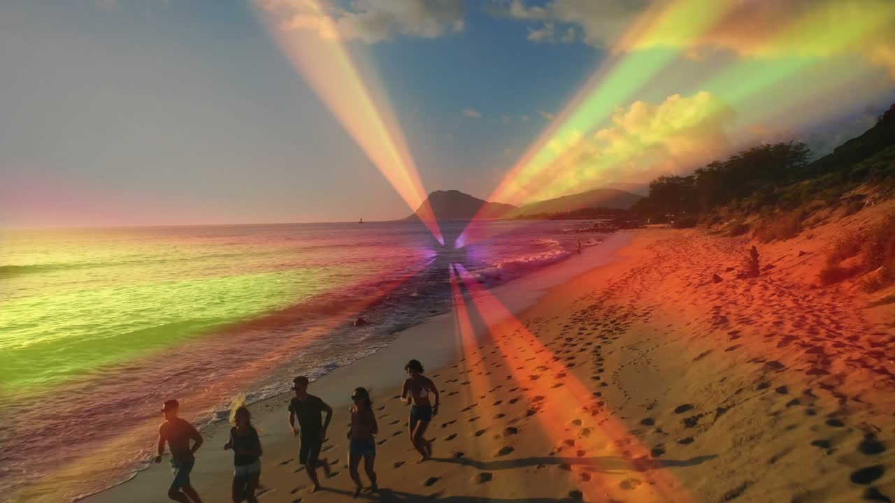 Five adults walking shore sunlight pulling them toward cliff for travel prism beams sweeping group