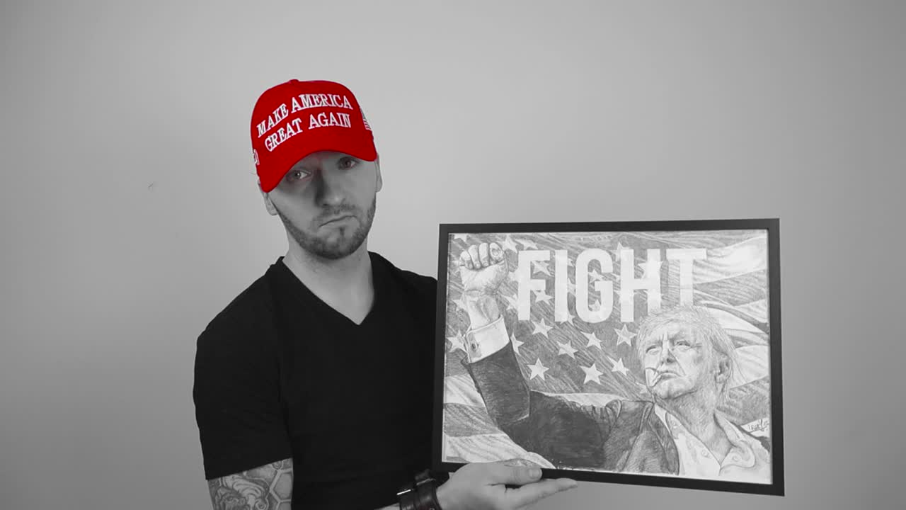 Grayscale footage of a man with tattoos wearing a red vibrant colored MAGA Make America Great Again hat lifting up a Donald Trump fight iconic drawing in a picture frame and nodding with approval.