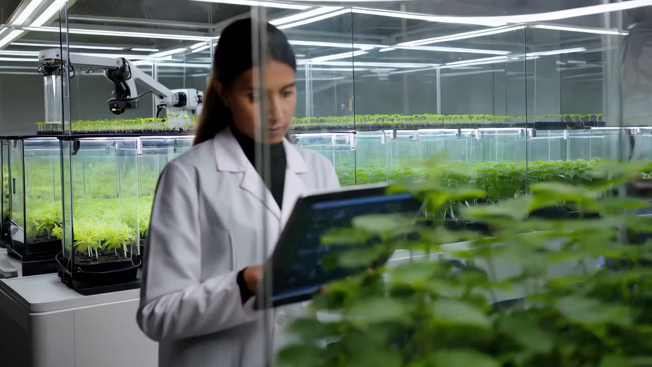 científico usando una tableta en un laboratorio de plantas moderno con un robot automatizado