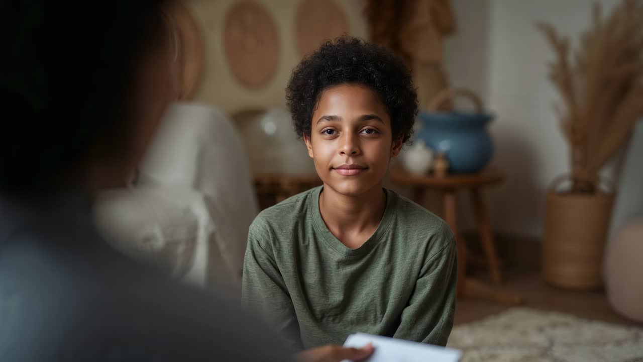Moving paper forward, adult showing sheet to teen in olive green T-shirt at home for review