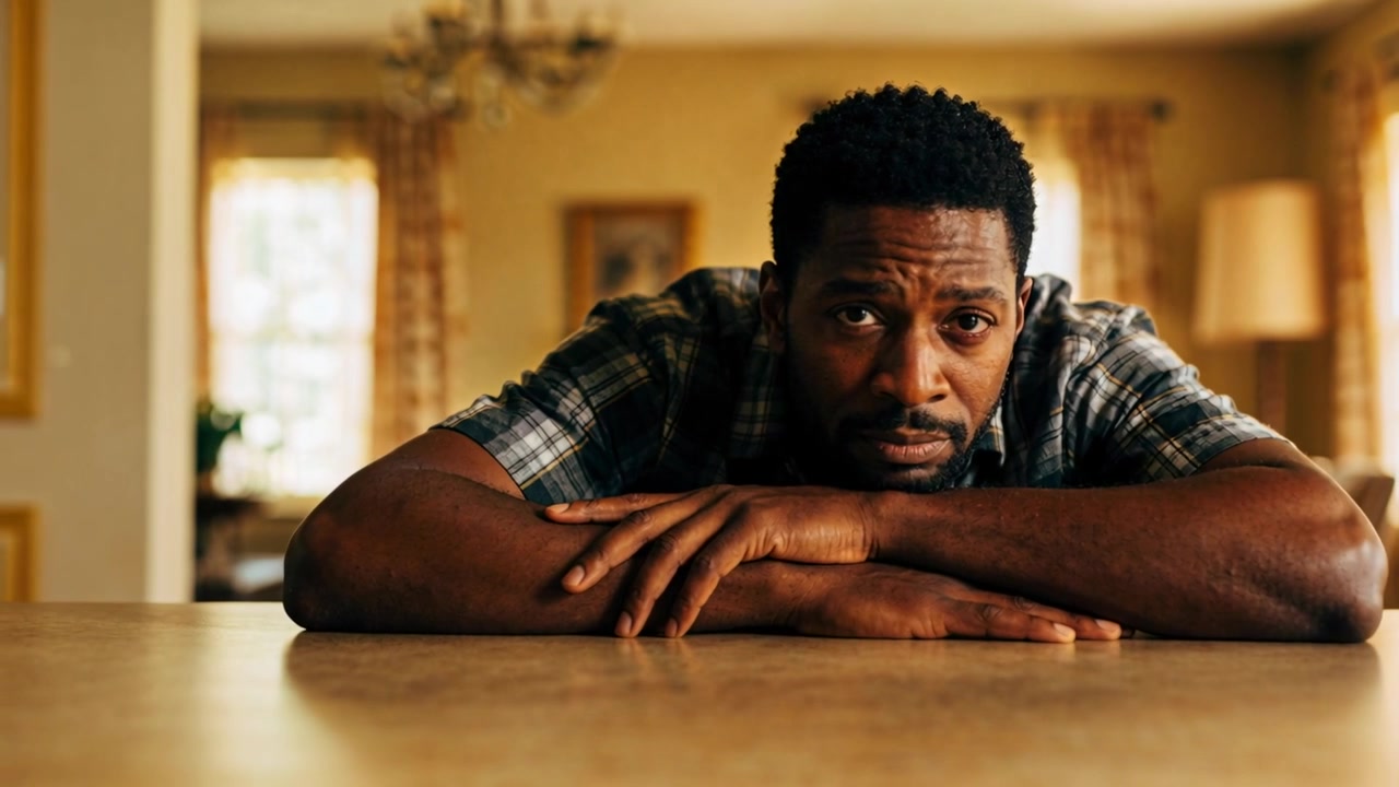 Raising man in plaid shirt shifting head, torso on countertop in home, reacting to voice