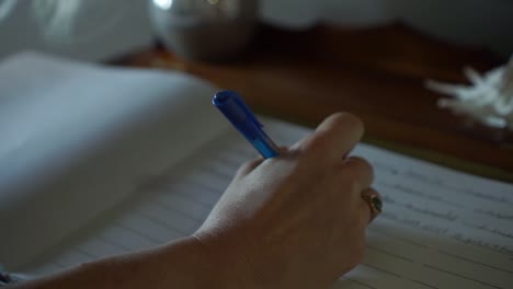 woman signing guestbook in luxury boutique hotel - close up