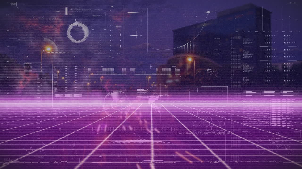 밤 교통에 대한 다양한 데이터와 그래프를 가진 디지털 화면의 애니메이션.