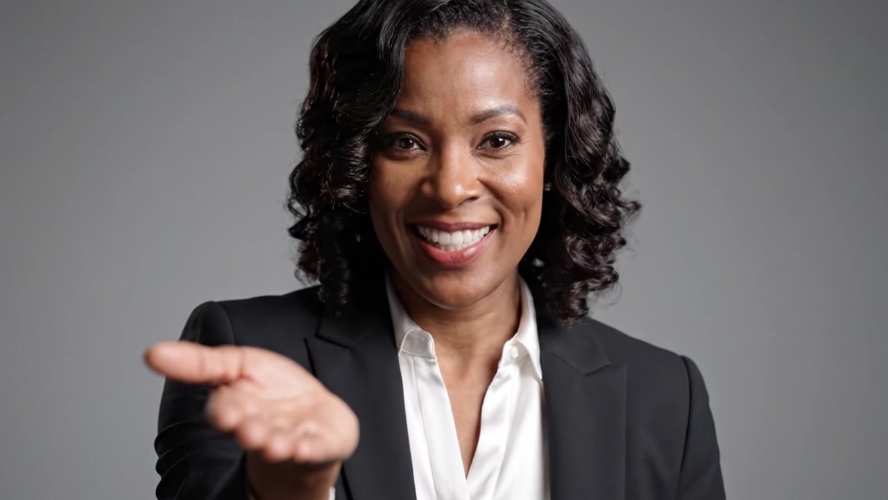 A confident business professional exuding approachability and warmth, this individual smiles broadly in a well-tailored suit, showcasing professionalism and positivity in every frame.