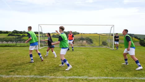 soccer players practicing teamwork on grassy field, preparing for match