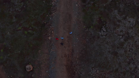 Top-down-view-group-of-tourist-trekking-isolated-rocky-highlands-in-Iceland.-Overhead-view-four-people-walking-trail-enjoying-healthy-lifestyle