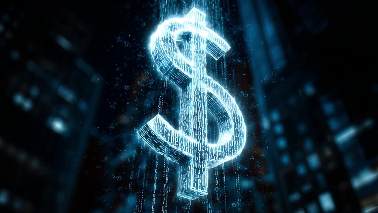 Digitalt dollarsymbol dukker frem fra en futuristisk bysilhuet om natten.