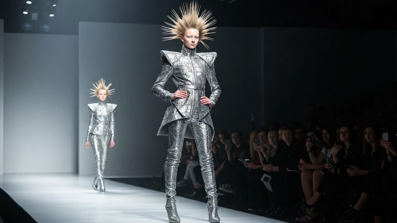Striking Fashion Moment on the Runway: Models Showcase Bold Metallic Styles with Dramatic Hairstyles in an Innovative Fashion Show Setting
