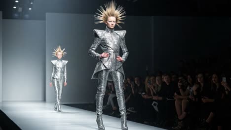 striking fashion moment on the runway: models showcase bold metallic styles with dramatic hairstyles in an innovative fashion show setting