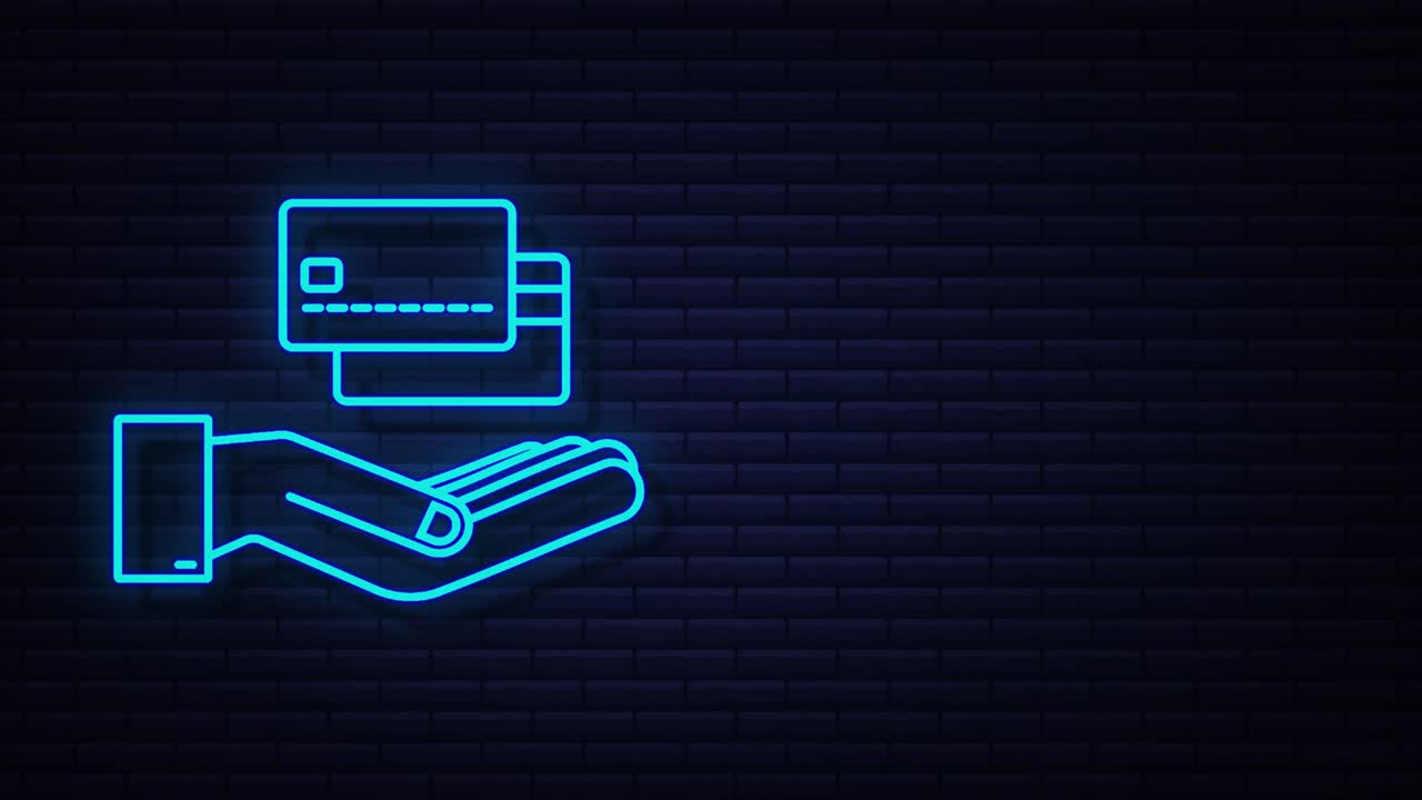 tarjeta de crédito azul neón simple con plantilla de manos. gráfico de movimiento